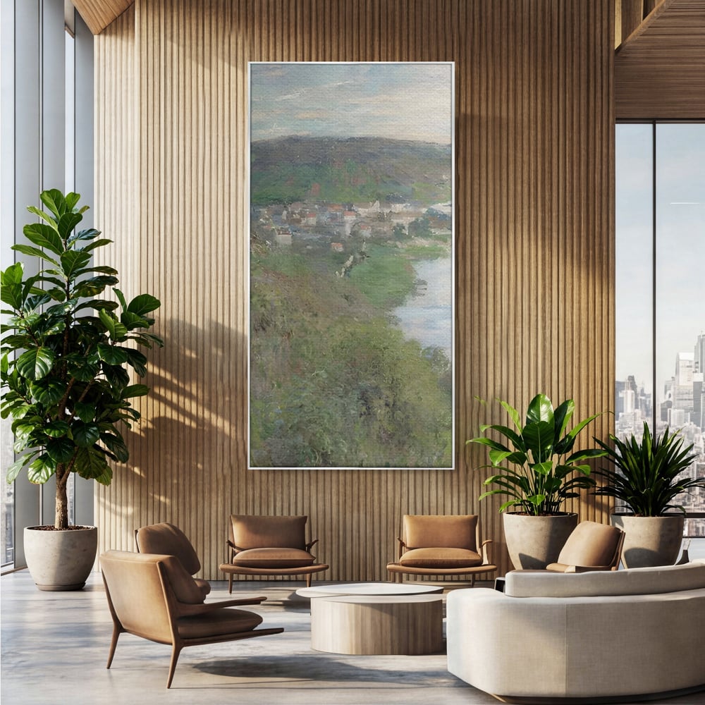 Tablou canvas cu tablou canvas cu peisaj rural si rau, in rama de aluminiu argintiu, pe perete intr-un birou